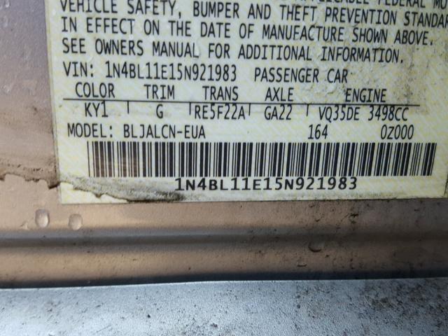 1N4BL11E15N921983 - 2005 NISSAN ALTIMA SE SILVER photo 10