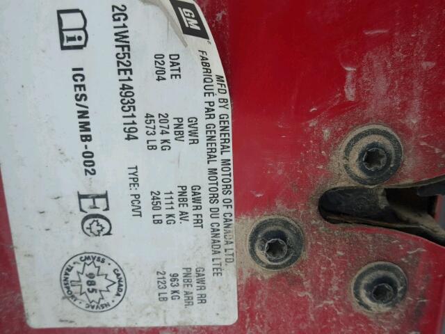 2G1WF52E149351194 - 2004 CHEVROLET IMPALA 红色 照片 10