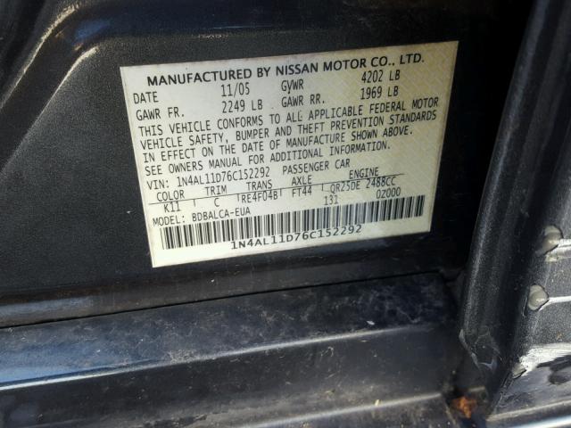 1N4AL11D76C152292 - 2006 NISSAN ALTIMA S GRAY photo 10