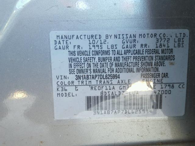 3N1AB7AP7DL625994 - 2013 NISSAN SENTRA S GRAY photo 10