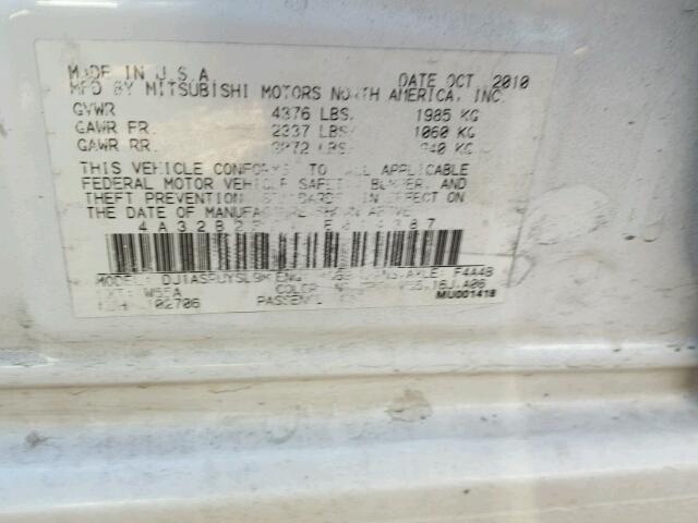 4A32B2FF1BE014387 - 2011 MITSUBISHI GALANT FE WHITE photo 10