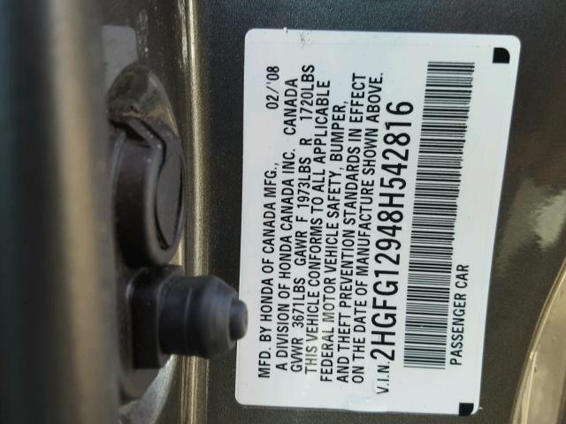 2HGFG12948H542816 - 2008 HONDA CIVIC EXL 灰色 照片 10