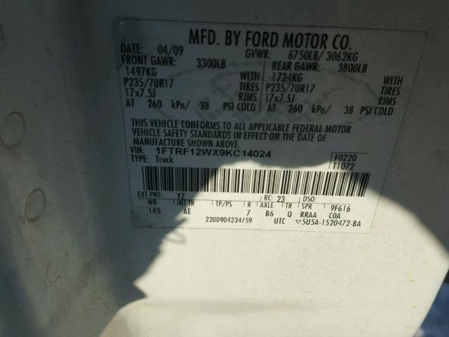 1FTRF12WX9KC14024 - 2009 FORD F150 WHITE photo 10