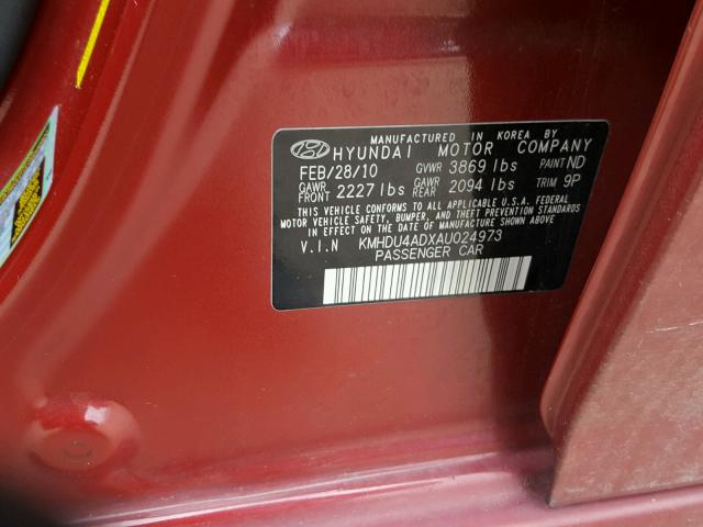 KMHDU4ADXAU024973 - 2010 HYUNDAI ELANTRA BL RED photo 10