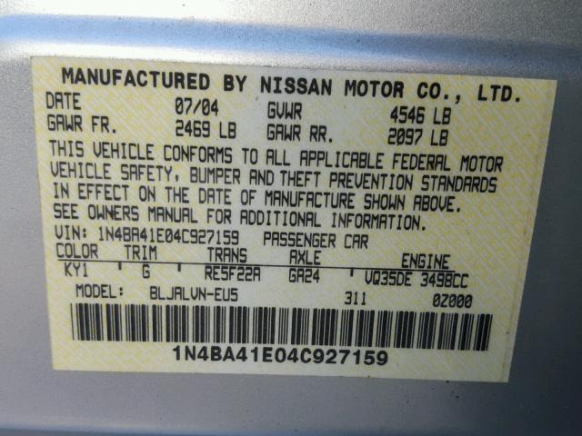 1N4BA41E04C927159 - 2004 NISSAN MAXIMA SE SILVER photo 10