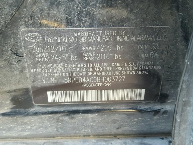 5NPEB4AC9BH003727 - 2011 HYUNDAI SONATA GLS BLACK photo 10