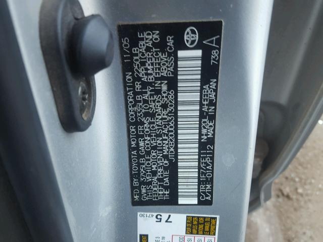 JTDKB20U063130286 - 2006 TOYOTA PRIUS SILVER photo 10