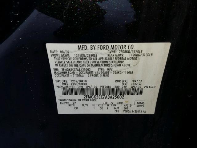 2FMGK5CC7ABA25002 - 2010 FORD FLEX SEL BLACK photo 10