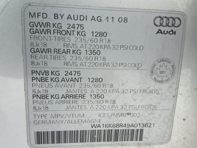 WA1KK68R49A013621 - 2009 AUDI Q5 3.2 SILVER photo 10