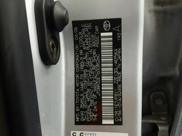 JTDBR32E760085260 - 2006 TOYOTA COROLLA CE SILVER photo 10