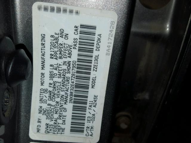 1NXBR32E47Z817950 - 2007 TOYOTA COROLLA CE GRAY photo 10