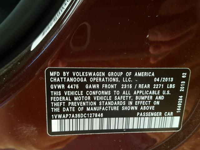 1VWAP7A35DC127846 - 2013 VOLKSWAGEN PASSAT S BURGUNDY photo 10