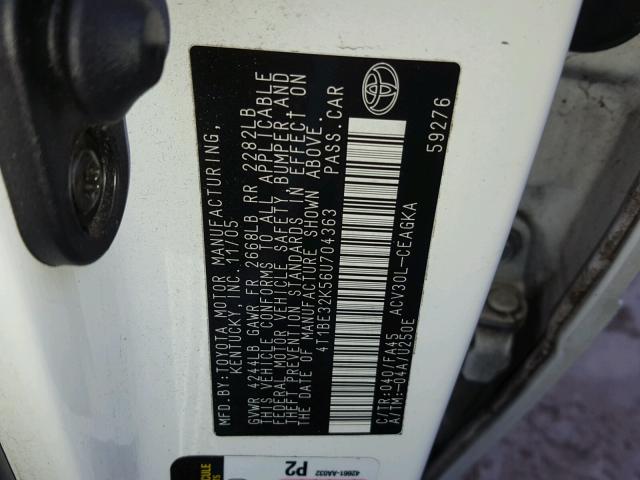 4T1BE32K56U704363 - 2006 TOYOTA CAMRY LE WHITE photo 10