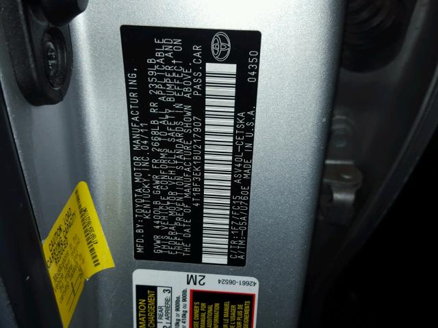 4T1BF3EK1BU217907 - 2011 TOYOTA CAMRY BASE SILVER photo 10