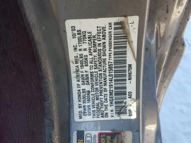 1HGEM21914L015857 - 2004 HONDA CIVIC EX ნაცრისფერი ფოტო 10