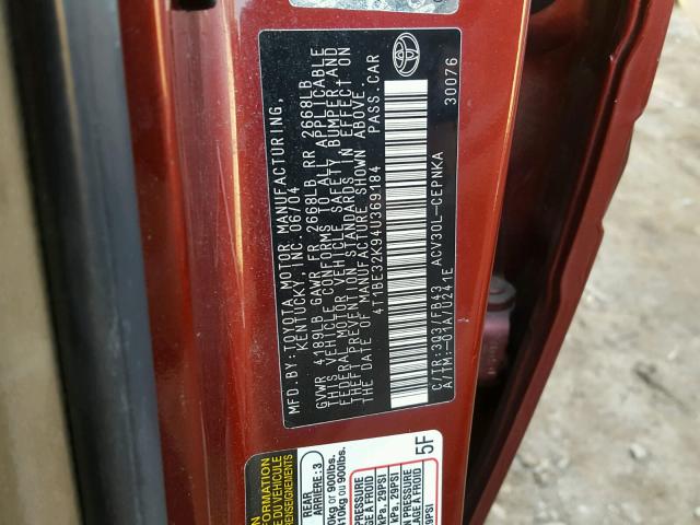 4T1BE32K94U369184 - 2004 TOYOTA CAMRY LE BURGUNDY photo 10