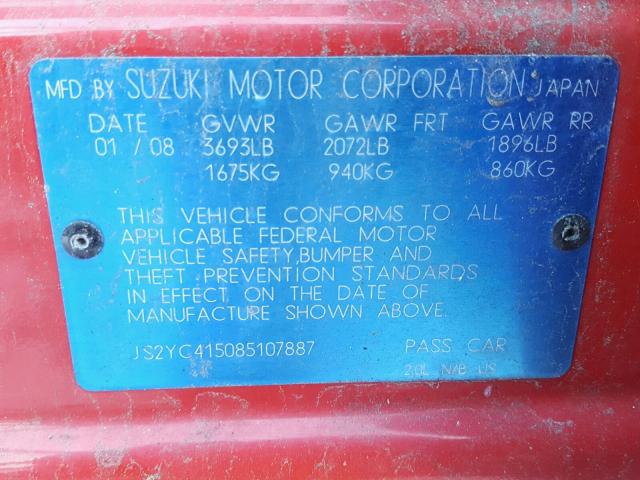 JS2YC415085107887 - 2008 SUZUKI SX4 CONVEN RED photo 10