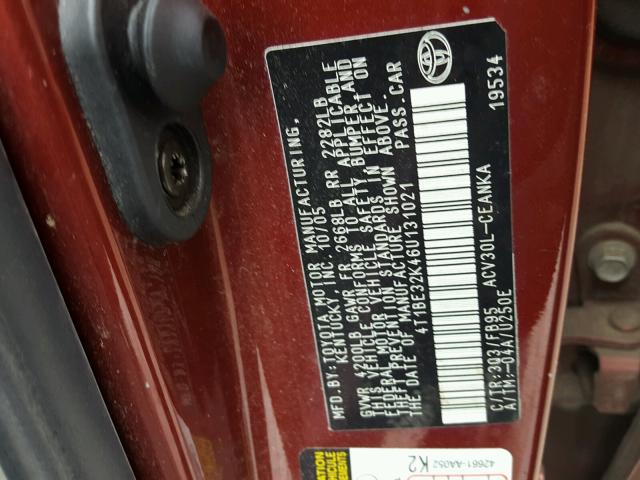 4T1BE32K46U131021 - 2006 TOYOTA CAMRY LE BURGUNDY photo 10