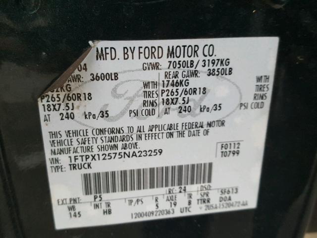 1FTPX12575NA23259 - 2005 FORD F150 GREEN photo 10