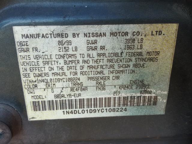 1N4DL01D9YC108224 - 2000 NISSAN ALTIMA XE GREEN photo 10