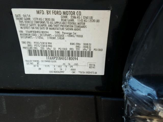 1FAHP2E84EG180094 - 2014 FORD TAURUS SEL BLACK photo 10