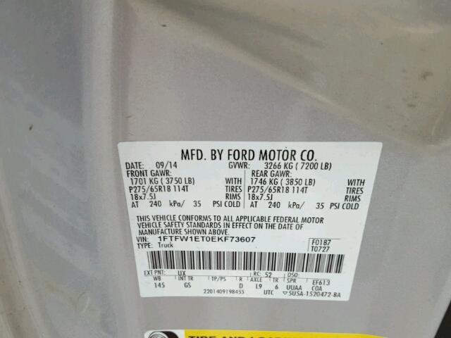 1FTFW1ET0EKF73607 - 2014 FORD F150 SUPER SILVER photo 10