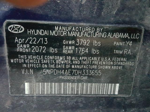 5NPDH4AE7DH333655 - 2013 HYUNDAI ELANTRA GL BLUE photo 10