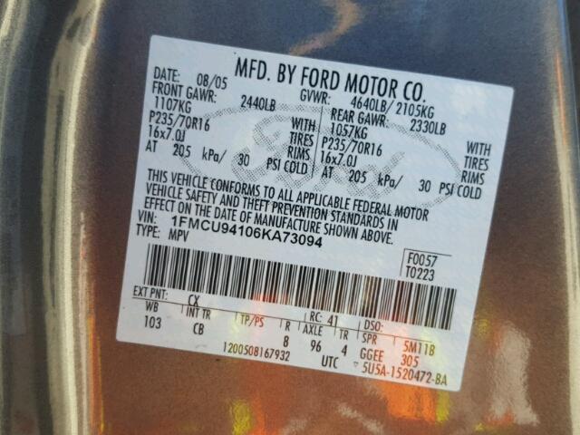 1FMCU94106KA73094 - 2006 FORD ESCAPE LIM GRAY photo 10