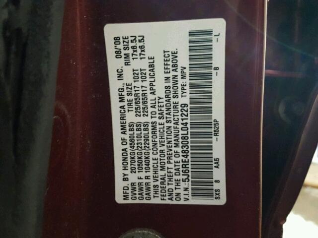 5J6RE48308L041229 - 2008 HONDA CR-V LX RED photo 10