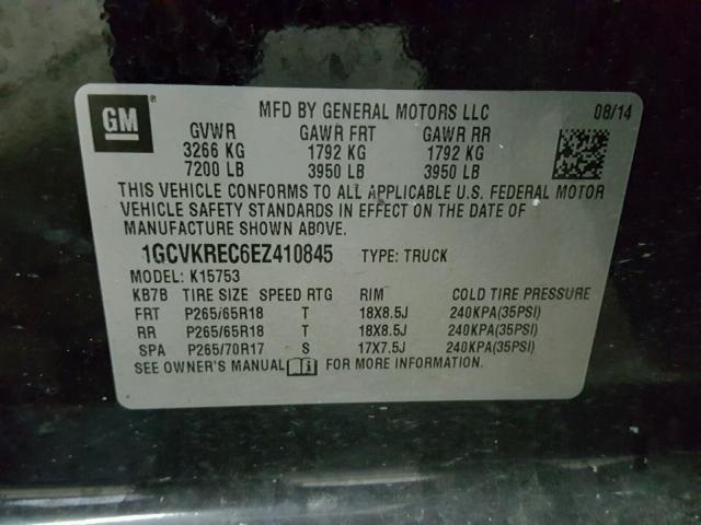 1GCVKREC6EZ410845 - 2014 CHEVROLET SILVERADO BLACK photo 10