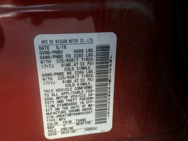 JN8AT2MT6GW002567 - 2016 NISSAN ROGUE S RED photo 10