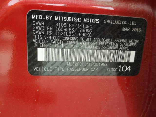 ML32F3FJ4HH001953 - 2017 MITSUBISHI MIRAGE G4 RED photo 10