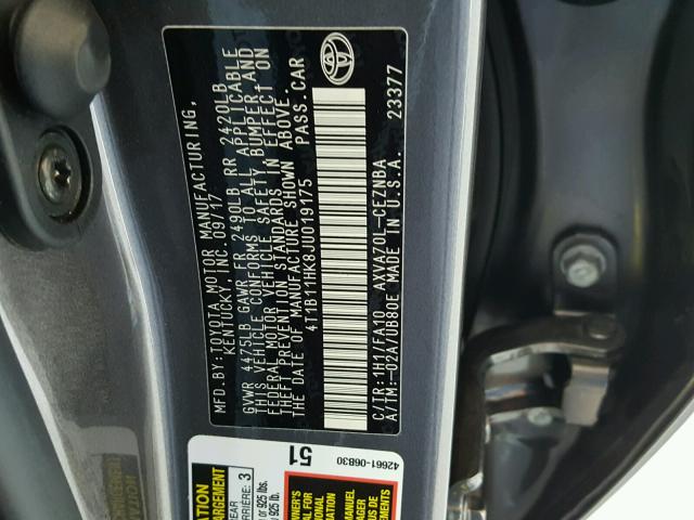 4T1B11HK8JU019175 - 2018 TOYOTA CAMRY L GRAY photo 10