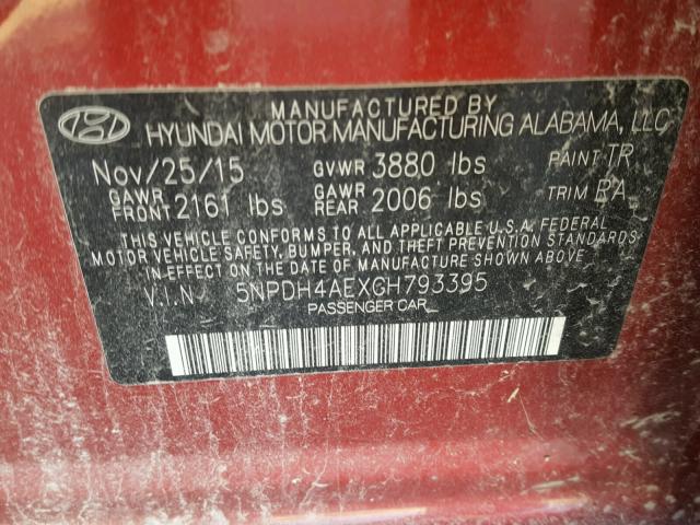 5NPDH4AEXGH793395 - 2016 HYUNDAI ELANTRA SE RED photo 10