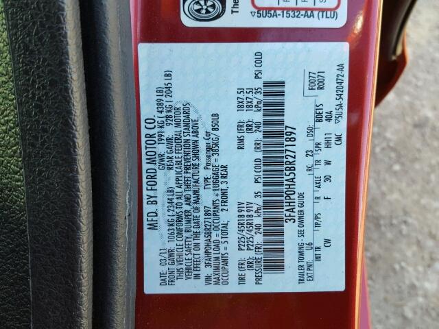 3FAHP0HA5BR271897 - 2011 FORD FUSION SE RED photo 10