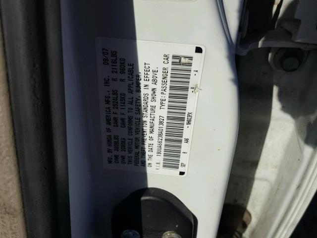 19UUA66238A013827 - 2008 ACURA TL WHITE photo 10