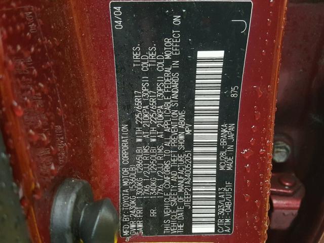 JTEEP21A340052051 - 2004 TOYOTA HIGHLANDER RED photo 10