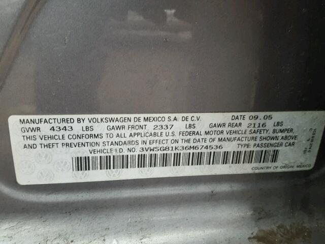 3VWSG81K36M674536 - 2006 VOLKSWAGEN JETTA 2.5 GRAY photo 10