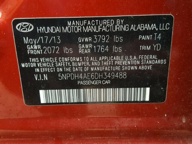 5NPDH4AE6DH349488 - 2013 HYUNDAI ELANTRA GL RED photo 10