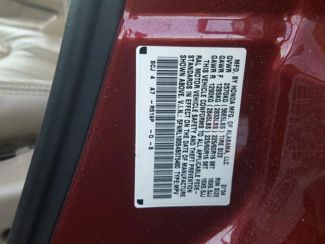 5FNRL18064B075480 - 2004 HONDA ODYSSEY EX RED photo 10