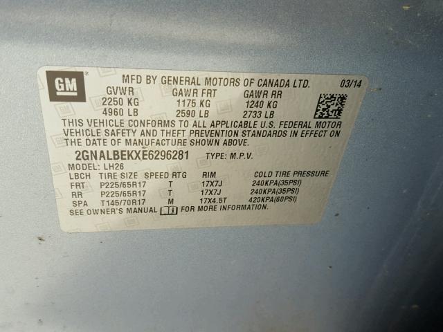 2GNALBEKXE6296281 - 2014 CHEVROLET EQUINOX LT BLUE photo 10