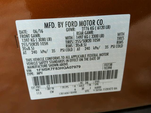 1FM5K7F83HGA07979 - 2017 FORD EXPLORER L ORANGE photo 10