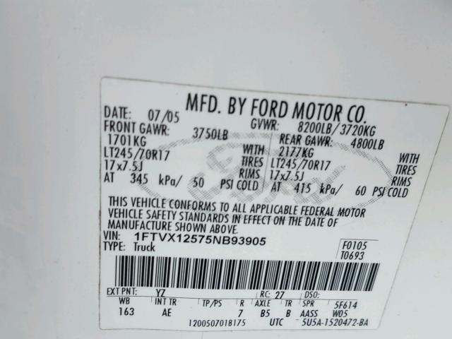 1FTVX12575NB93905 - 2005 FORD F150 WHITE photo 10