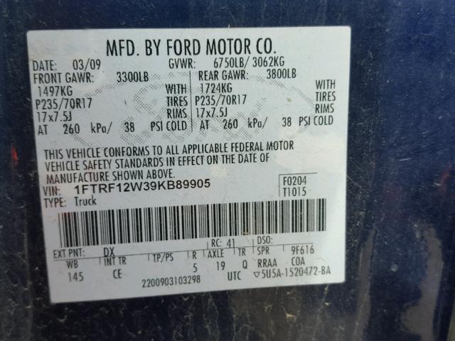 1FTRF12W39KB89905 - 2009 FORD F150 BLUE photo 10