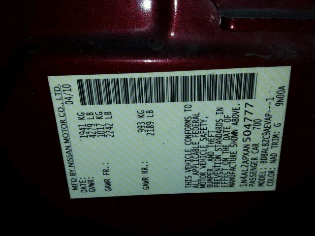 1N4AL2APXAN504777 - 2010 NISSAN ALTIMA BAS MAROON photo 10