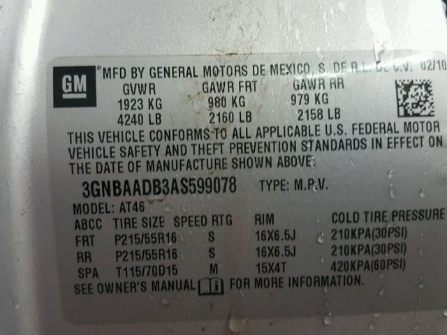 3GNBAADB3AS599078 - 2010 CHEVROLET HHR LS Plata foto 10