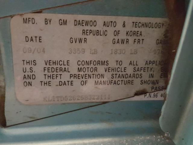 KL1TD52625B322111 - 2005 CHEVROLET AVEO BASE Zielony zdjęcie 10