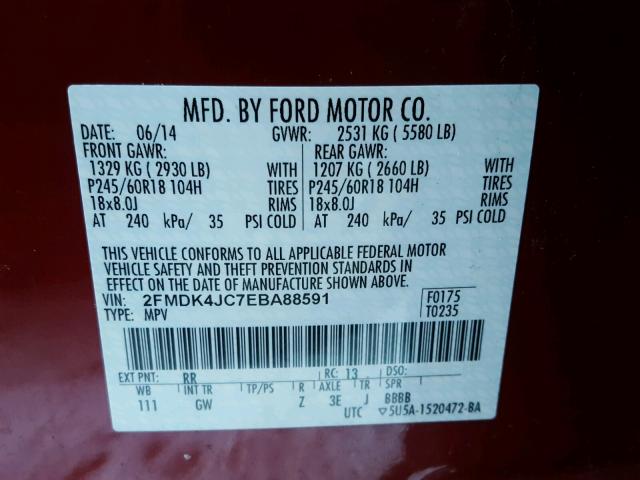 2FMDK4JC7EBA88591 - 2014 FORD EDGE SEL RED photo 10