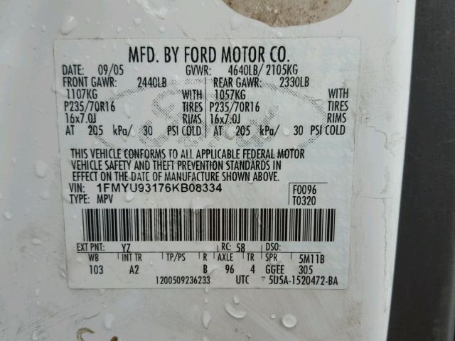 1FMYU93176KB08334 - 2006 FORD ESCAPE XLT WHITE photo 10