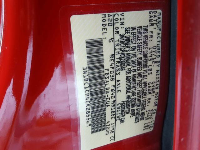 3N1BC1CP4CK288569 - 2012 NISSAN VERSA S RED photo 10